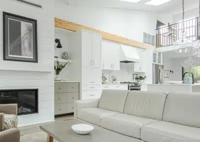 A white accent living room with modern design by design-build contractors in Langley, BC