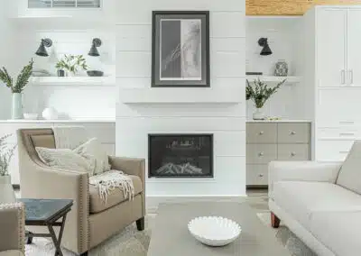 A white accent living room with modern design by design-build contractors in Langley, BC