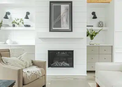 A white accent living room with modern design by design-build contractors in Langley, BC