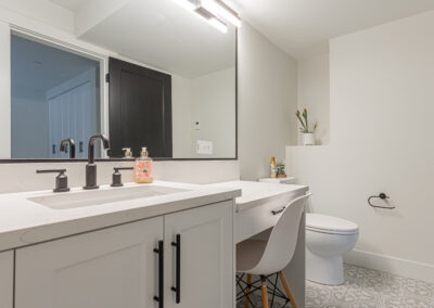 A modern bathroom vanity with white cabinets