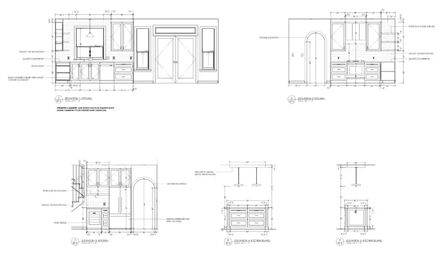 Technical kitchen layout blueprint displaying cabinetry and island design details by Bowline Construction