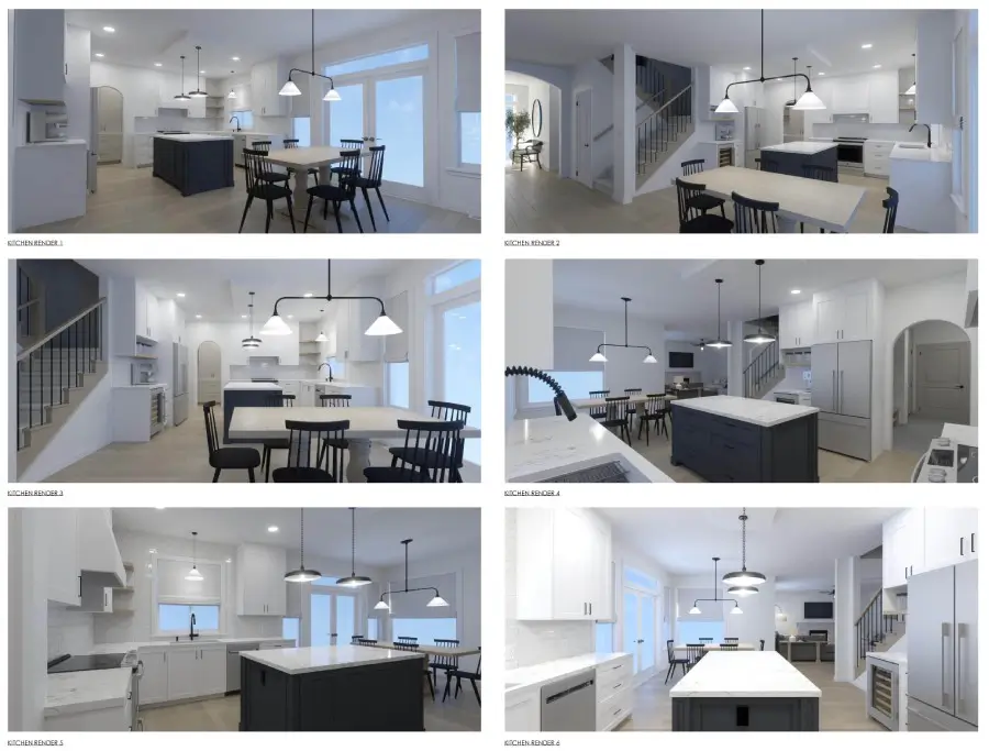 Modern kitchen renovation render showcasing open concept design and lighting by Bowline Construction