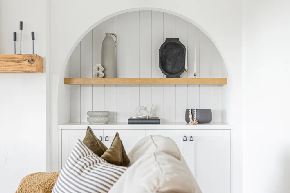 Contemporary living room built-in shelving with minimalist decor by Bowline Construction in Surrey, BC