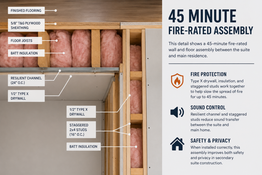 A 45-minute fire-rated wall and floor assembly for an in-law suite versus legal suite project in Langley City by Bowline Construction.