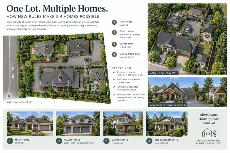 One Lot Multiple Homes concept graphic showing four homes on one lot for small-scale multi-unit housing in Langley, BC by Bowline Construction